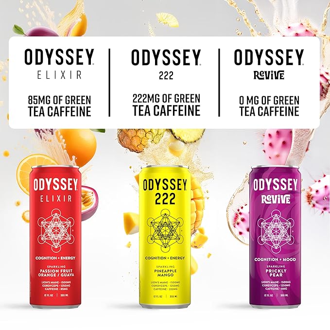 Odyssey 222 Energy Drink Pre Workout 222mg Caffeine Clean Energy Drinks L Theanine Lions Mane Cordyceps &amp Green Tea for Energy Focus &amp Mood Boost Low Calorie Cherry Lime 12 Fl oz 12