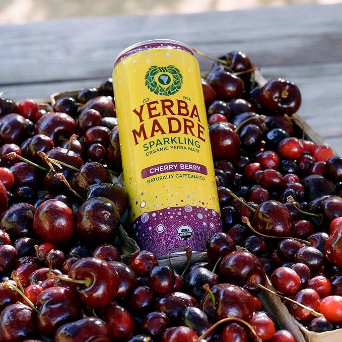 Yerba Madre Organic Sparkling Yerba Mate Cherry Berry 115mg Natural Plant Based Caffeine Smooth Energy &amp Focus Carbonated 12oz Cans (Pack of 12)