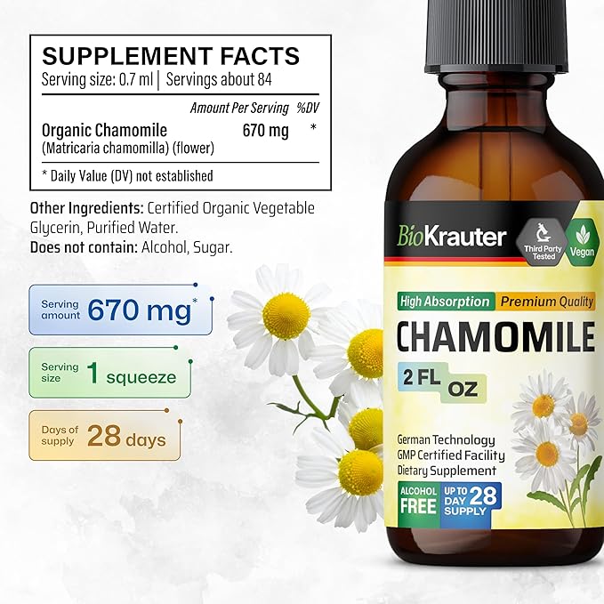 BIO KRAUTER® Chamomile Extract - Liquid Drops Pure Vegan Chamomile Supplement 670 mg per Serving 2 Fl.Oz 28-Day Supply - Used for Calm &amp Relax - Alcohol &amp Sugar Free - Natural Calm &amp Sleep
