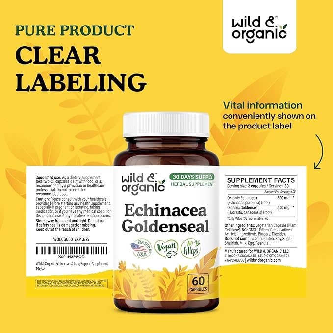 Wild &amp Organic Echinacea Goldenseal Capsules - Immune &amp Lung Support - Goldenseal Echinacea Supplement - Hydrastis Canadensis &amp Purpurea Complex - Vegan No Fillers Non-GMO - 60 Count
