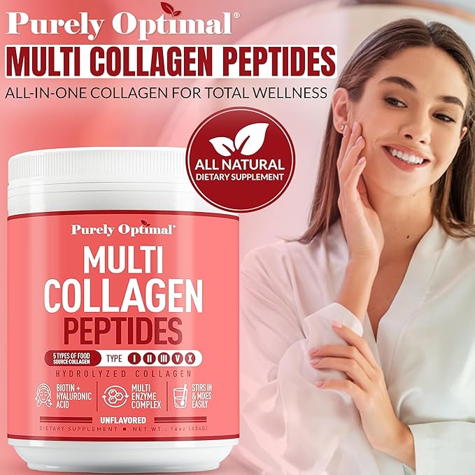 Purely Optimal Collagen Peptides Powder - 5 Types Hydrolyzed Collagen Peptides with Biotin B12 &amp Hyaluronic Acid for Hair Skin Nails Bones &amp Joints - Unflavored Easy Mixing 16oz 42 Ser