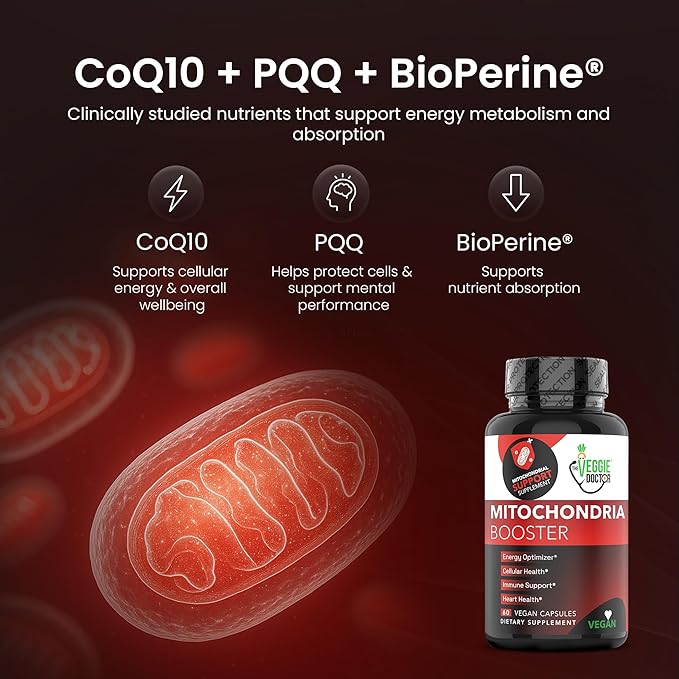 Vegan Mitochondrial Support – Advanced Cellular Wellness &amp Natural Energy Formula with CoQ10 PQQ Acetyl-L-Carnitine Alpha-Lipoic Acid Magnesium BioPerine® - Daily Support (60 Capsules)