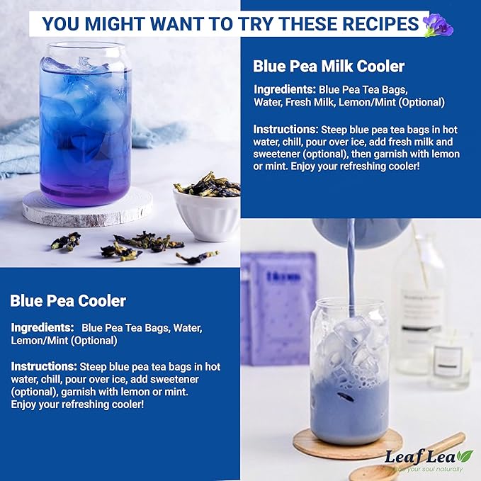LeafLea 80 Butterfly Pea Flower Tea Bags Natural Herbal Tea for Blue and Purple Drinks Mocktails and Food Coloring Caffeine-Free Sugar-Free Non-GMO Pack of 2