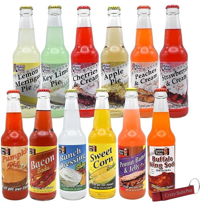 Lester and Melba's Fixins Soda | 12 Pack of Unique and Strange Flavored Soda Pop with Real Cane Sugar | 12 oz Glass Bottles in a Mixed 12 Pack Sampler with Crazy Soda Pop Bottle Opener