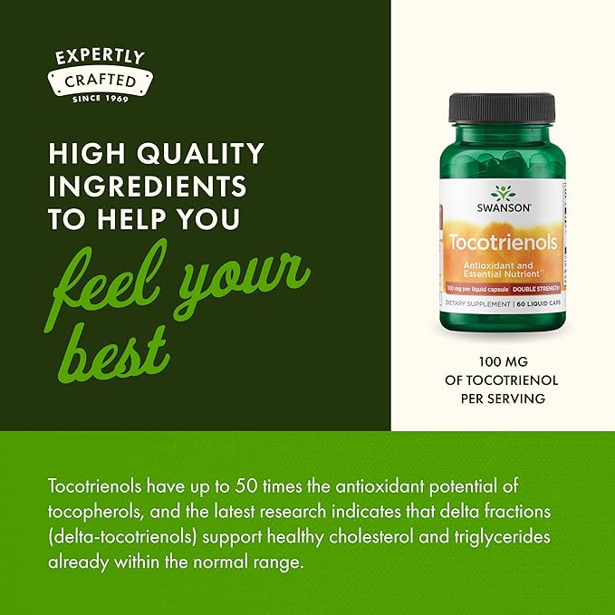 Swanson Double Strength Tocotrienols Antioxidant Supplement for Heart-Health-Conscious Adults with Delta- and Gamma-Tocotrienols (60 Liquid Capsules 100 mg Each 2 Pack)