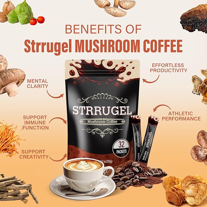Organic Mushroom Coffee with Lion’s Mane &amp Reishi - 9 Functional Mushrooms + Ashwagandha for Focus Energy &amp Stress Relief - Low Caffeine Instant Coffee Sticks 32 Servings