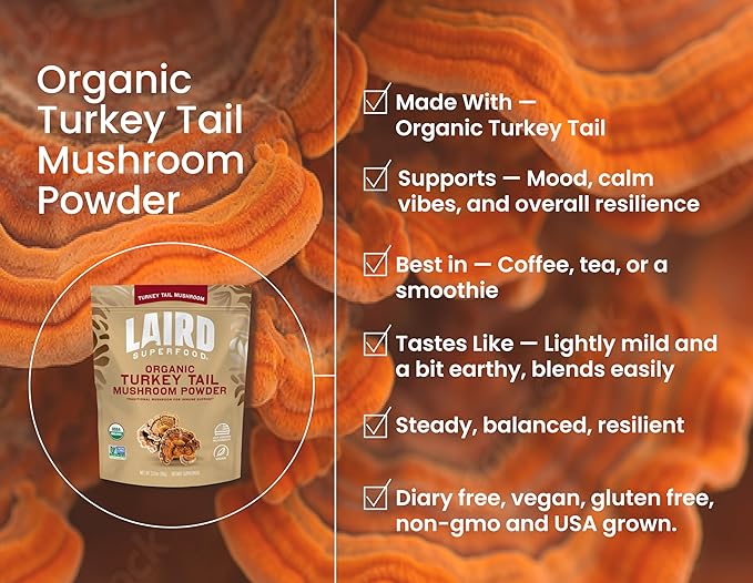 Laird Superfood Organic Turkey Tail Mushroom Powder for Immune Support 3.17 oz. Bag Pack of 1