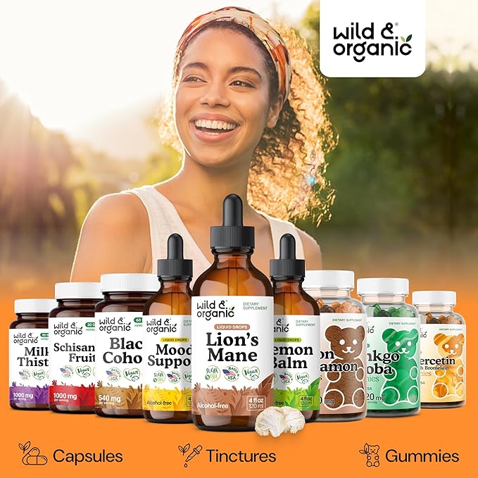 Wild &amp Organic Lions Mane Liquid Drops - Brain &amp Focus Support - 84-Day Supply - Lion's Mane Mushroom Supplement - Hericium Erinaceus Mushroom Drops - Sugar &amp Alcohol-Free Extract Tincture