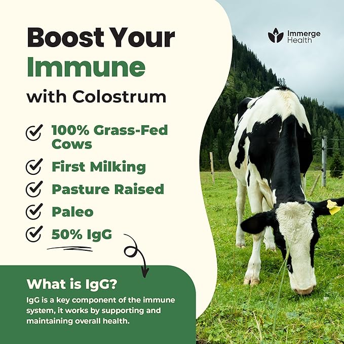 Immerge Health Super Colostrum Powder (60 Servings) – Premium Bovine Colostrum Supplement for Gut Health Bloating &amp Immune Support – High IgG 100% Grass Fed First Milking Unflavored Made in US