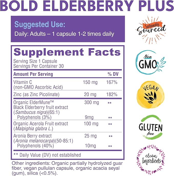 Bold Botanica Elderberry Plus – 65x Concentrated Black Elderberry Capsules with Vitamin C and Zinc for Adults for Daily Immune Support Supplement &amp Seasonal Wellness Non-GMO – 30 Vegan Capsules
