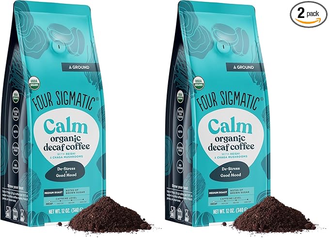 Four Sigmatic Calm Organic Decaf Ground Coffee | Swiss Water Decaf Coffee with Chaga &amp Reishi Mushroom Extracts | 12oz Bag(Pack of 2)