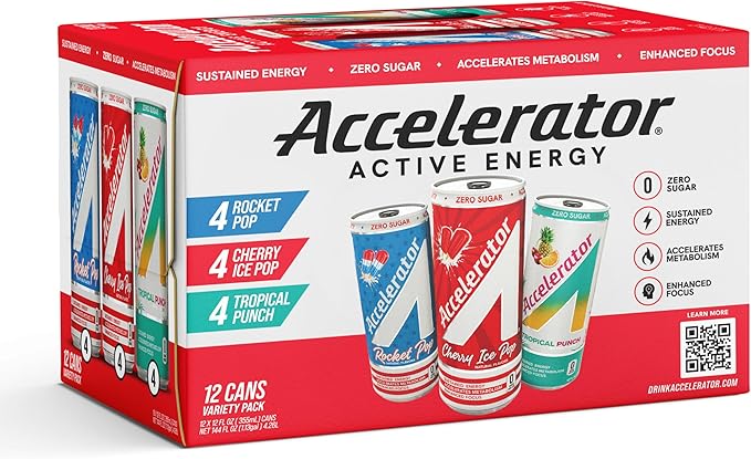 Accelerator Energy Drink Variety Pack 12oz can Zero Sugar Sustained Energy from 100% Natural Caffeine (200mg from Green Coffee Bean &amp Green Tea extract) (Pack of 24)