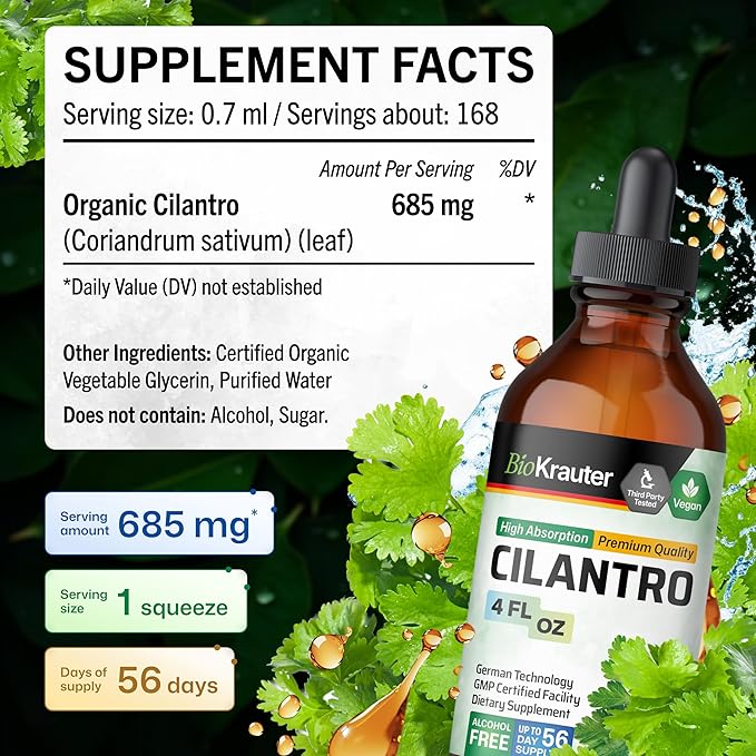 BIO KRAUTER® Cilantro for Detox Cleanse - Vegan Antioxidant Supplement Natural Cilantro Tincture 650 mg per Serving - Liquid Coriander Leaf Supplement Alcohol &amp Sugar Free 4 Fl.Oz 56-Day Supply