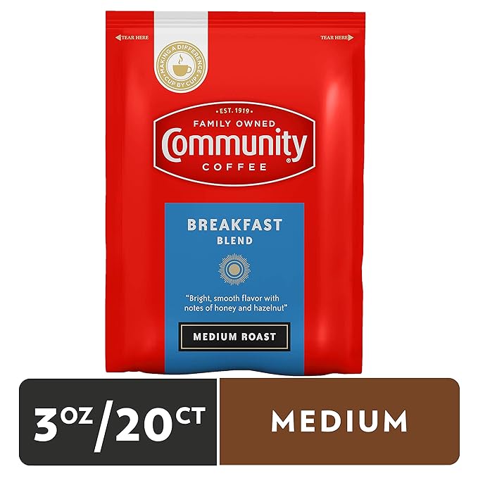 Community Coffee Breakfast Blend Medium Roast Pre-Measured Coffee Packs 3.0 Ounce Each (Pack of 20)