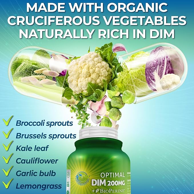 Optimal DIM 200mg Supplement for Women and Men - Made with Organic Whole Foods - Estrogen &amp Hormone Balance Support Diindolylmethane Complex - Maximum Absorption Delayed-Release Capsules - 60 Coun
