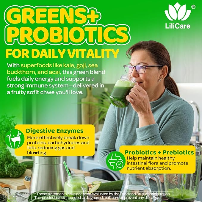 Super Greens Soft Chews Greens Superfood Supplement w/Spirulina Chlorella Lutein Digestive Enzymes &amp Fiber Multivitamins – Daily Greens Support for Energy Metâbölism Vision &amp Gut Health