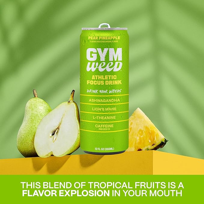 GYM WEED Athletic Focus Drink with KSM-66 Ashwagandha Lion's Mane Mushroom L-Theanine 200mg Green Tea Caffeine with Natural Sweeteners Pear Pineapple Flavor 12 Pack