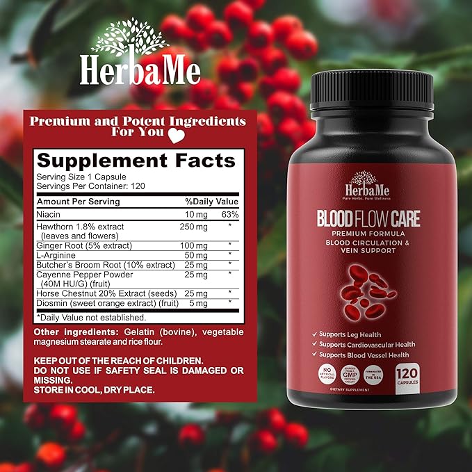 Blood Circulation Supplement 120 Capsules Supports Leg Vein Heart Vessels and Cardiovascular Health with Niacin L-Arginine Ginger Cayenne Pepper Hawthorn Diosmin Blood Flow Pills