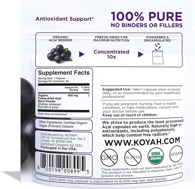 KOYAH - Organic Acai Capsules - Freeze-Dried 600 mg Vegan Gluten-Free Non-GMO. Antioxidant Support. 60 Capsules