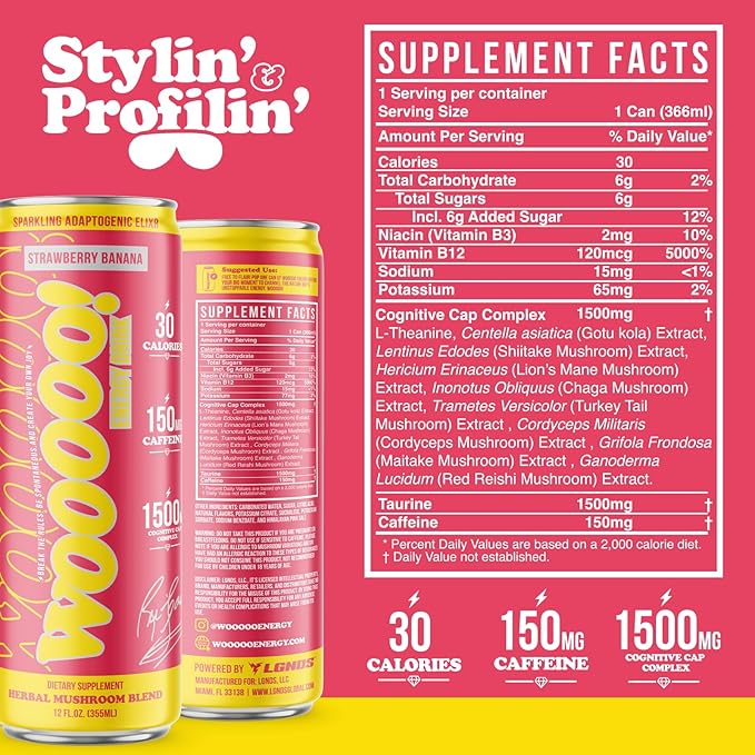 Wooooo! Energy Ric Flair Sparkling Adaptogenic Mushroom Energy Drink | Natural Antioxidants &amp Nootropics | Lion’s Mane &amp Cordyceps | 150mg Caffeine | 12 Pack (Strawberry Banana)
