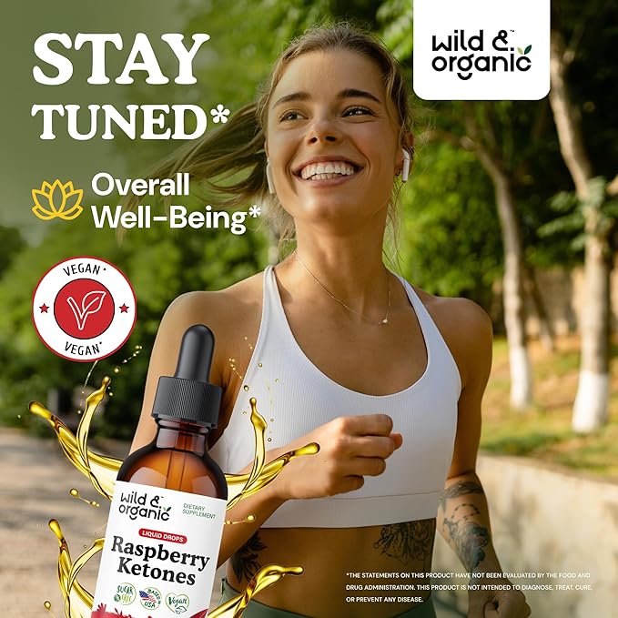 Wild &amp Organic Raspberry Ketones Extract Tincture - Liquid Raspberry Ketones Supplement - 2-Month Supply - Vegan Sugar &amp Alcohol-Free - 2 fl oz