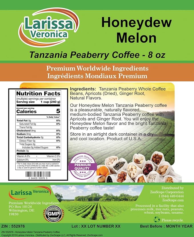 Honeydew Melon Tanzania Peaberry Coffee (Gourmet Naturally Flavored Whole Coffee Beans) (8 oz ZIN: 552976)