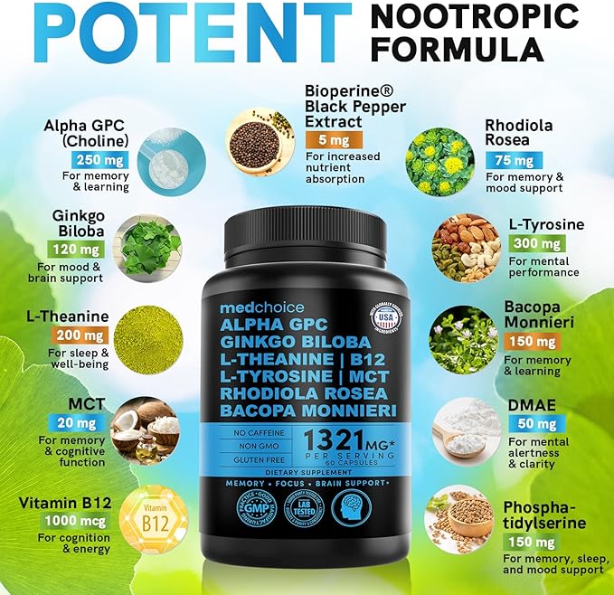 12-in-1 Nootropic Brain Supplement Anhydrous: Ginkgo Biloba for Brain Support Memory and Focus - B12 Alpha GPC L Theanine and Choline Supplements with Bioperine non Caffeinated 1321mg (120ct)