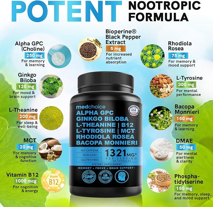 12-in-1 Nootropic Brain Supplement Anhydrous: Ginkgo Biloba for Brain Support Memory and Focus - B12 Alpha GPC L Theanine and Choline Supplements with Bioperine non Caffeinated 1321mg (180ct)