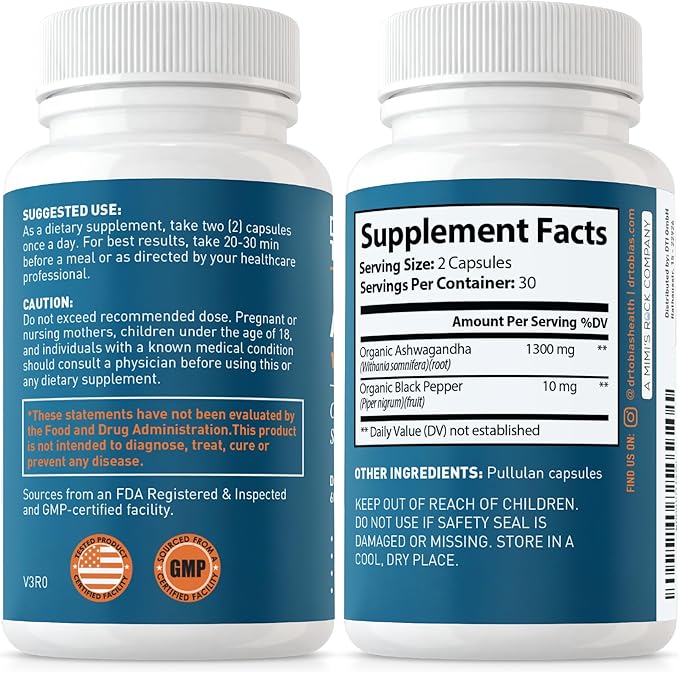 Dr. Tobias Ashwagandha Capsules - 1300mg Organic Ashwagandha Root Extract Per Serving with Black Pepper | Calming Adaptogen Energy &amp Focus Supplement (60 Vegetarian Capsules)
