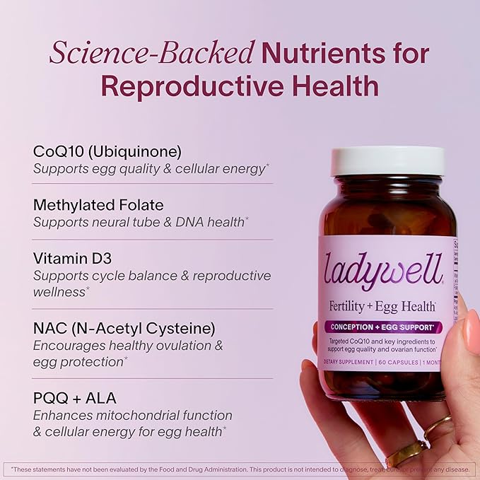 Ladywell Fertility + Egg Health | Fertility Support | Ovarian Health Egg Quality Ovulation &amp Conception Wellness Support | CoQ10 Folate + Key Ingredients | Science-Backed Women’s Supplement 60