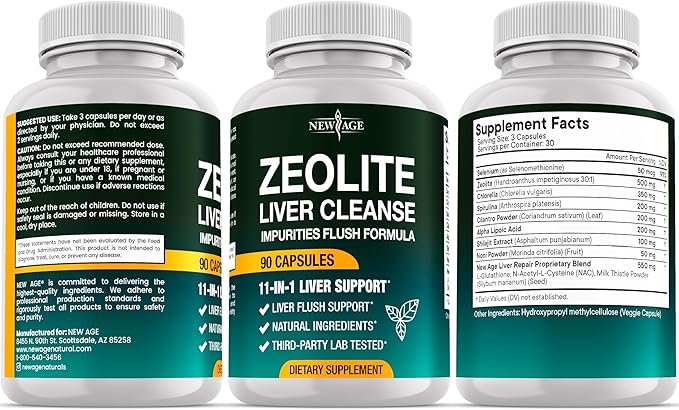NEW AGE Liver Cleanse &amp Repair - Help Support Gut Health and Energy - Zeolite for Adults with Noni Glutathione NAC Chlorella Spirulina ALA Cilantro Milk Thistle &amp Shilajit - 270 Count