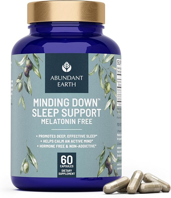 Abundant Earth Natural Sleep Aid for Adults Minding Down Sleep Support Supplement Max Strength Deep Sleep Supplement Without Melatonin to Calm &amp Restore The Sleeping Cycle + Magnesium GABA 60ct