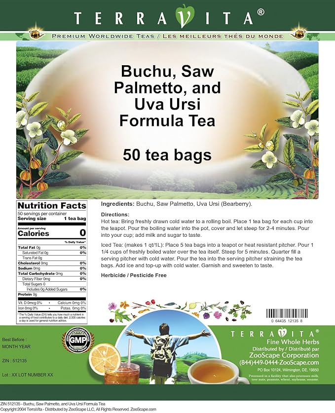 Buchu Saw Palmetto and Uva Ursi Formula Tea (50 tea bags ZIN: 512135) - 3 Pack