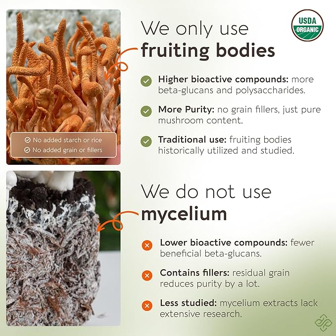 Organic Cordyceps Mushroom Powder Supplement 10:1 Extract 100g | Cordyceps Militaris 100% Fruiting Body | ≥30% Beta-D-Glucans | 60 Servings of 1660mg | Energy Endurance &amp Stamina Support