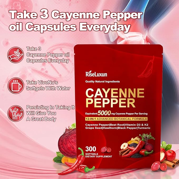 12-in-1 Cayenne Pepper Capsules Supplement* 5000mg Per Serving Containing | Vitamin D3 K2+E &amp Extracts of Grape Seed Hawthorn Beetroot Berberine Other Extracts