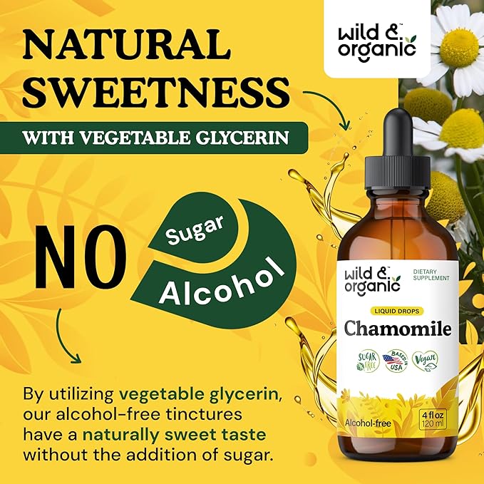 Wild &amp Organic Chamomile Flowers Tincture - Calming Supplement for Relaxation - Chamomile Extract Liquid Drops - Vegan Sugar &amp Alcohol-Free - 4 fl oz