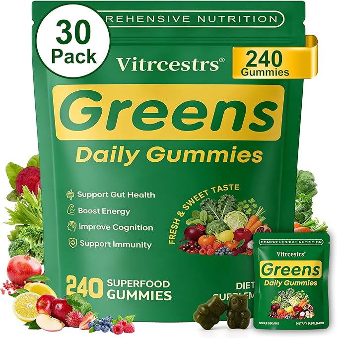 Greens Daily Gummies Super Greens Gummies for Adults Superfood Multivitamin Gummy with Spirulina Chlorella Prebiotic Fiber Fruit Veggie for Digestive &amp Gut Health Adaptogens Supplement 240 C