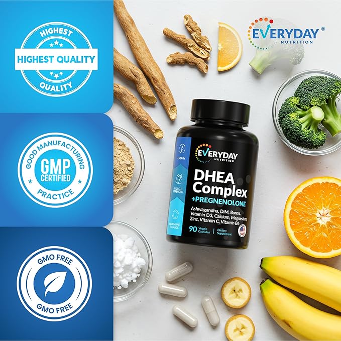DHEA Micronized 200mg Complex with Pregnenolone 100mg Supplement for Men &amp Women with Ashwagandha DIM Magnesium Boron Calcium  Zinc Vitamin D3 C and B6 Hormone Support - Made in USA 90 Caps