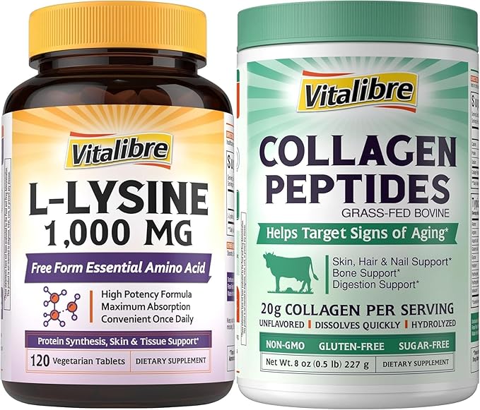 L-Lysine 1000 mg Tablets + Bovine Collagen Peptides Powder Bundle Essential Amino Acid &amp Hydrolyzed Collagen Protein Skin &amp Immune Support 120 Tablets + 8oz