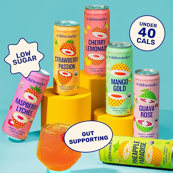 wildwonder Sparkling Probiotic Drink 12pk For Gut Health &amp Immune Support Mango Gold 5g Prebiotic Fiber Live Probiotics Organic Vegan Low Sugar 12 Pack 12oz Can As Seen on Shark Tank