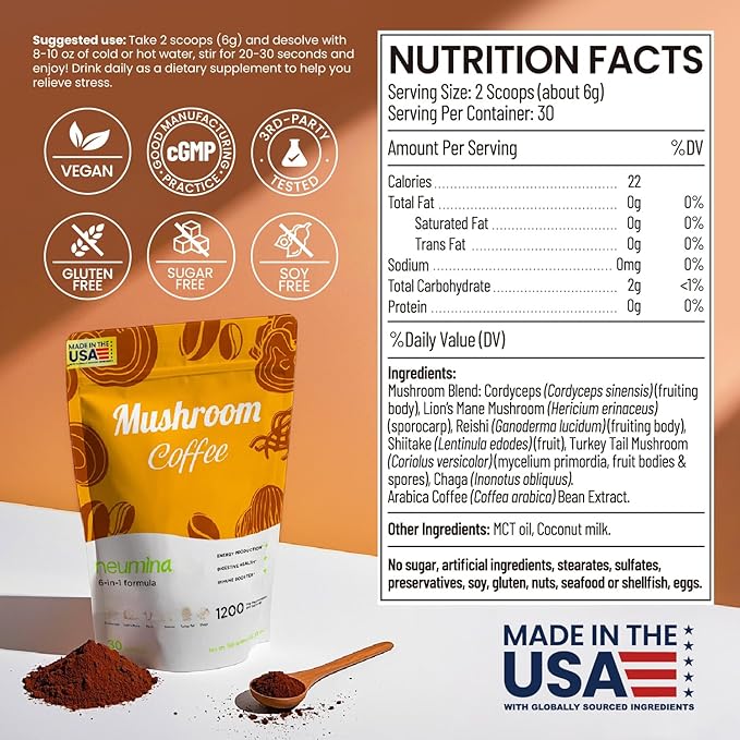 Neumina 6-in-1 Mushroom Coffee Energy Coffee with 6 Adaptogenic Mushrooms (Cordyceps Lion's Mane Reishi Chaga Shiitake Turkey Tail) 30 Servings 1200mg Mushrooms