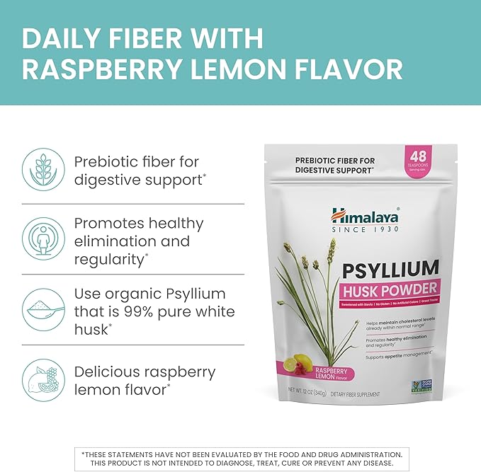 Himalaya Raspberry Lemon Psyllium Husk Powder Daily Fiber Supplement for Digestive Health &amp Regularity Sugar-Free Gluten-Free Vegan No Artificial Colors Easy-to-Mix 12 oz (340 g)