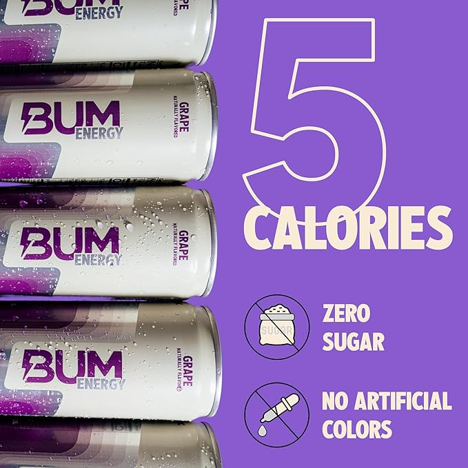 BUM Sugar-Free Energy Drink Grape - Lightly Carbonated &amp No Artificial Colors Natural Caffeine &amp Citicoline for Energy &amp Focus Brain Boost &amp Workout Sports Beverage - 12 oz Pack of