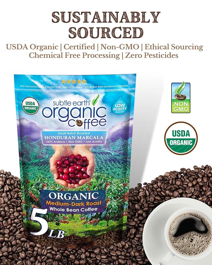 5LB Subtle Earth Organic Coffee - Medium Dark Roast - Whole Bean Coffee - 100% Arabica Beans - Low Acidity and Non-GMO - 5lb bag