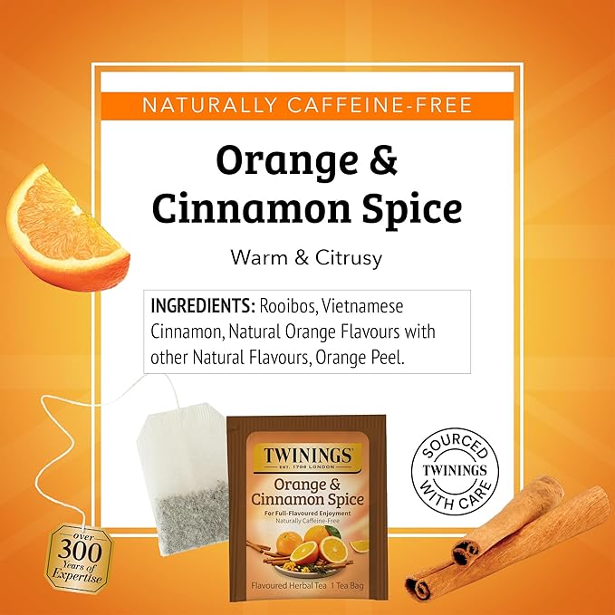 Twinings Orange &amp Cinnamon Spice Herbal Tea Individually Wrapped Bags 20 Count (Pack of 6) Naturally Caffeine-Free Enjoy Hot or Iced 120 Teabags