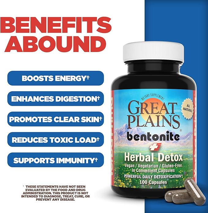 Yerba Prima Bentonite Clay Plus Herbal Detox 100 Veg Capsules - Food Grade Clay from The Great Plains USA - Colon &amp Liver Cleanse Supplement with Calcium Clay