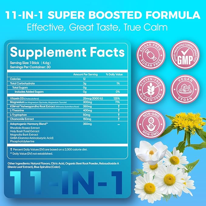 Ultimate Calm Super Cortisol Reducer Supplement Drink - Sleep Aid Magnesium Glycinate Powder Ashwagandha L Theanine Holy Basil Vitamin D3 Supports Relax Focus Mood No Sugar Mixed Flavor 30ct