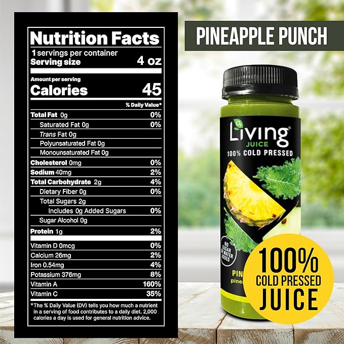 O2 Living Juice Cold Pressed Drink - Pineapple Punch Organic Juice Pack - No Added Sugars or Water Naturally Sweetened from Fruits Rich in Nutrients &amp Vitamins - Non-GMO - 4 fl oz - 8 Pack