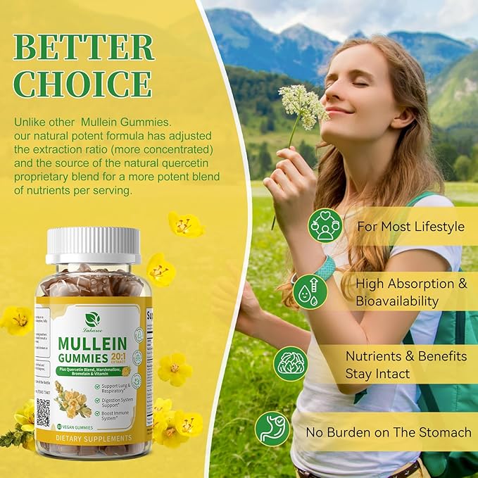 (2 Pack) 9 in 1 Mullein Gummies for Lung Cleanse &amp Lymphatic Drainage* Extra Strength Mullein Leaf Extract w/Quercetin Bromelain Elderberry &amp Marshmallow for Respiratory &amp ImmunityVega