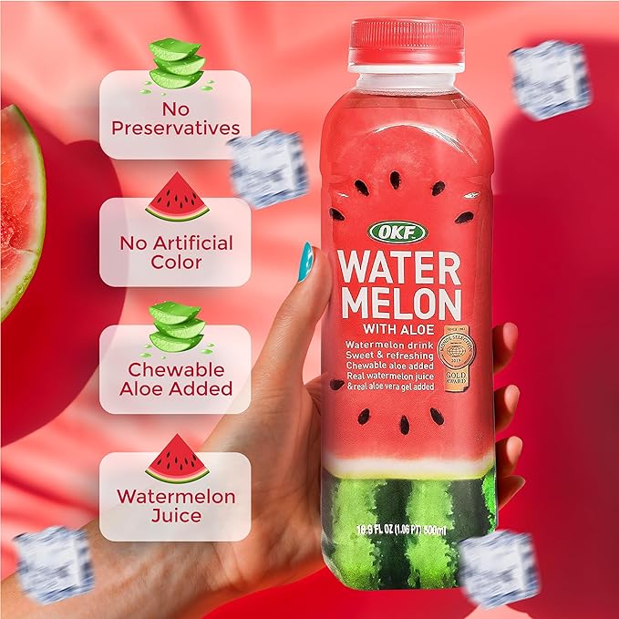 OKF Aloe Vera Juice Drink Watermelon Pure with Chunks of Aloe Original 16.9 Fl Oz (Pack of 20) No Preservatives No Artificial Color Plant Based Korean Drinks